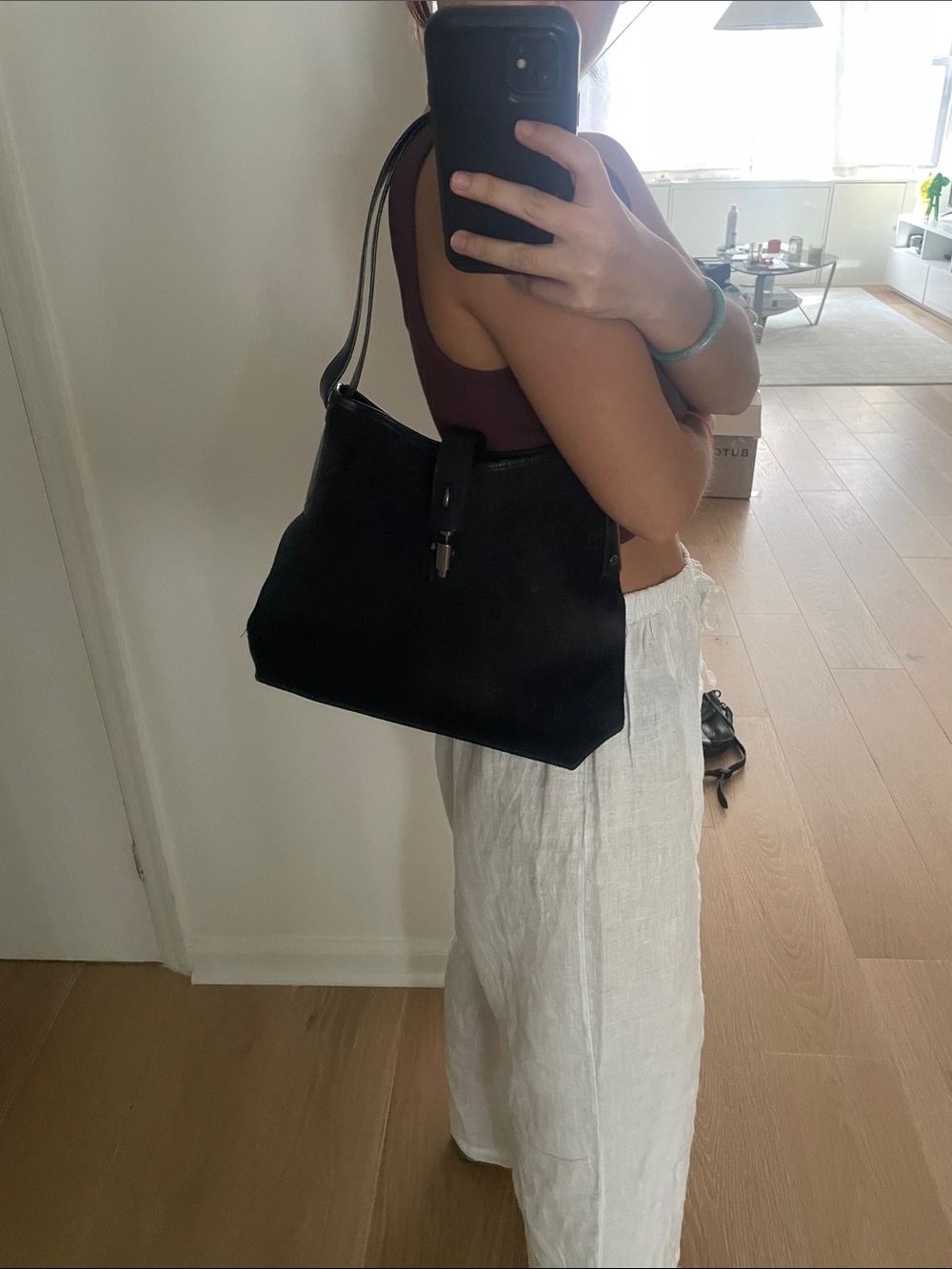 Black Shoulder Tote Bag with Leather Trim - Picture 4 of 5